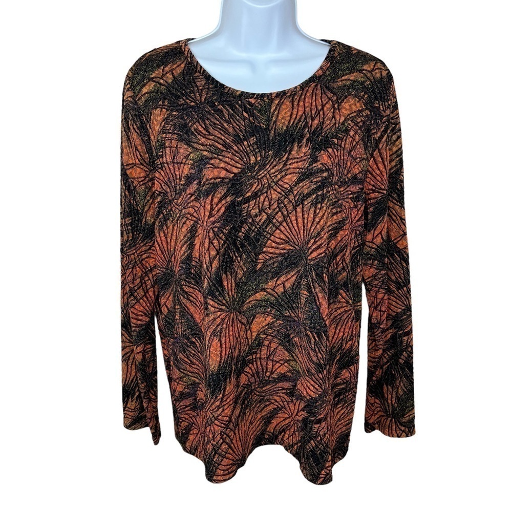 Vintage 90s Allison Daley Black Orange Brick Stretch Blouse Long Sleeve